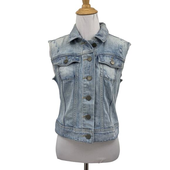Paige Vest Women S Small Blue Denim Stretch Cotton Blend Button Front Cropped - Picture 1 of 12